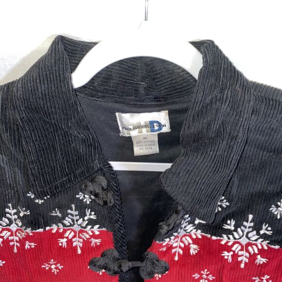 Paul Harris Design Corduroy Cardigan Women’s Size Medium Red Black Snowflake - Picture 3 of 12